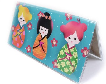 Checkbook Cover - Cute Kawaii Kokeshi - summer brights - Japanese doll print - turquoise, hot pink - sakura cherry blossoms side tear option