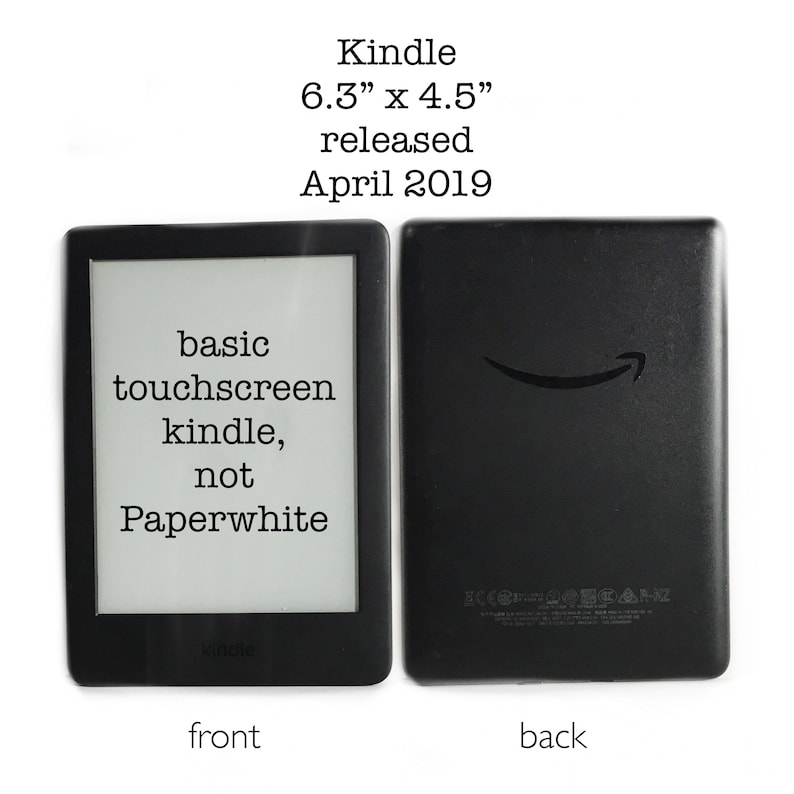 Pode incluir: Vista frontal e traseira de um leitor de e-books Kindle preto com uma tela de 6,3" x 4,5". A tela frontal exibe o texto "basic touchscreen kindle, not Paperwhite".