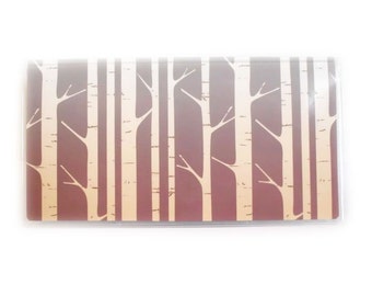 Checkbook Cover - Dusk - top tear - aspen forest themed holder for your checkbook - grey, wine, and cream - woodland birch trees