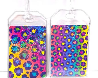 Rainbow leopard luggage tags, set of two, holographic sparkly, travel accessories, baggage tag