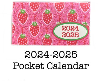 2024 - 2025 pocket calendar - Strawberries - mini calendar - pocket planner datebook - retro colorful 24 months hot pink red strawberry