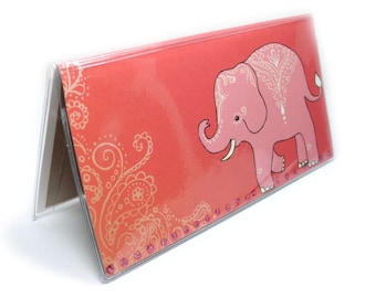 Checkbook Cover - Mehndi Elephants - cute peach and coral pachyderm check book holder