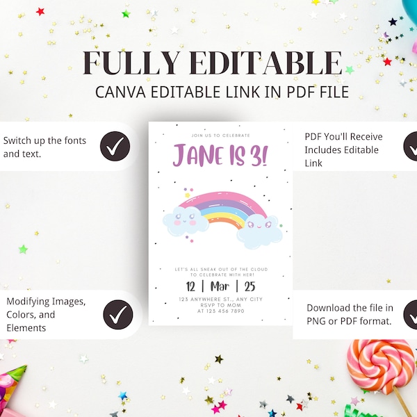 Rainbow modern birthday party invitation card || Editable Digital birthday invitation || Children's DIY birthday invitation