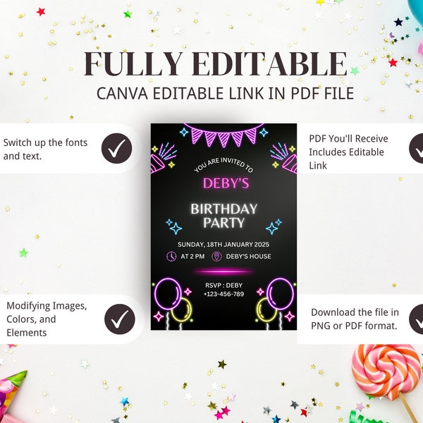 Neon Modern Birthday Party Invitation || Editable Digital birthday invitation || Children's DIY birthday invitation