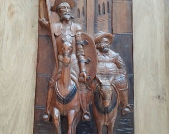 Don Quixote painting vintage low relief wooden sculpture