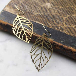 Vintage Brass Leaf Earrings | Large