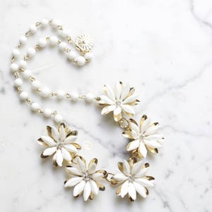 Vintage Costume Necklace Beaded White Flowers with Rhinestones image 1