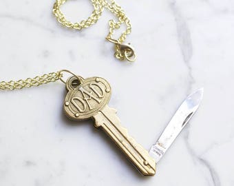 Vintage Brass Figural Key Shaped Dad Pocket Knife Necklace | Father&#39;s Day, Father of the Bride Wedding Gift