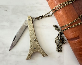 Collar con navaja de bolsillo estilo Torre Eiffel vintage / Regalo para viajeros y francófilos