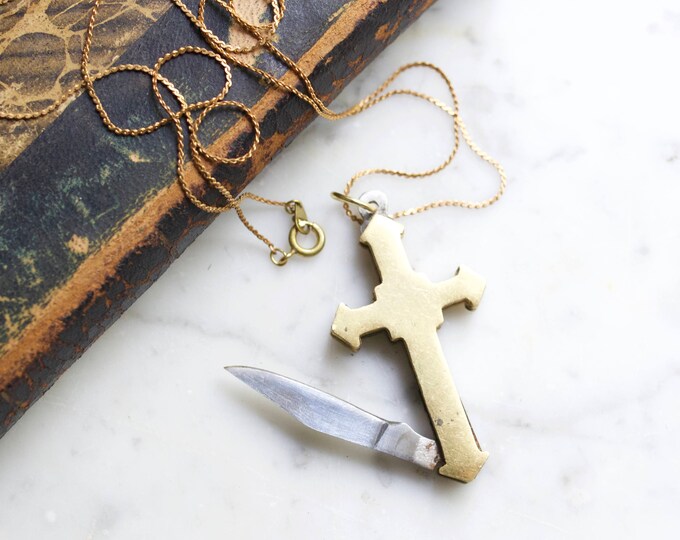 Cross Pocket Knife Necklace Gold Brass Religious Symbol Etsy