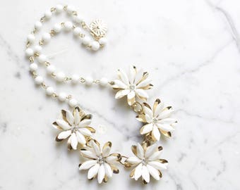 Vintage Costume Necklace Beaded White Flowers with Rhinestones