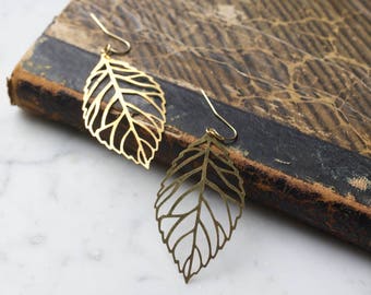 Vintage Brass Leaf Earrings | Large
