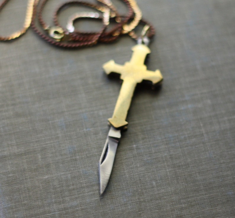 Cross Pocket Knife Necklace Gold Brass Religious Symbol Etsy