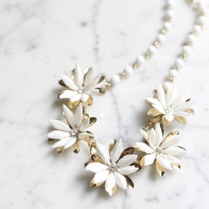 Vintage Costume Necklace Beaded White Flowers with Rhinestones image 4