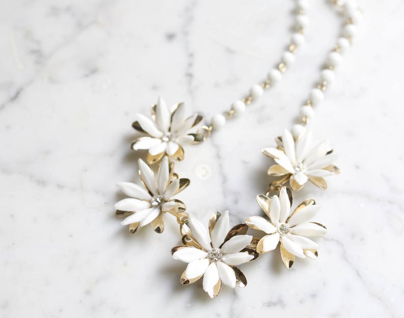 Vintage Costume Necklace Beaded White Flowers with Rhinestones image 4