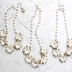 Vintage Costume Necklace Beaded White Flowers with Rhinestones image 5