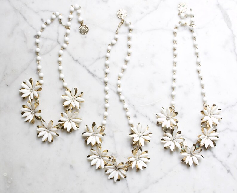 Vintage Costume Necklace Beaded White Flowers with Rhinestones image 5