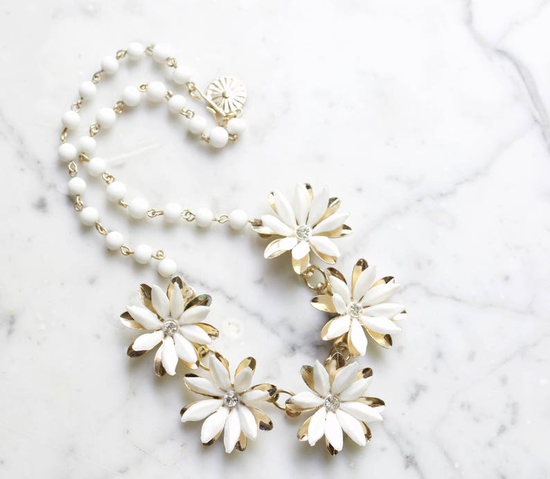 Vintage Costume Necklace Beaded White Flowers with Rhinestones image 1