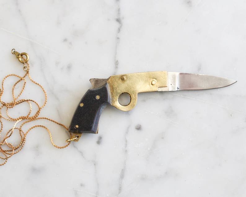 Vintage Gun Shaped Miniature Pocket Knife Necklace Brass Etsy