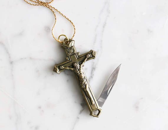 Crucifix Cross Pocket Knife Necklace Brass Religious Symbol Etsy