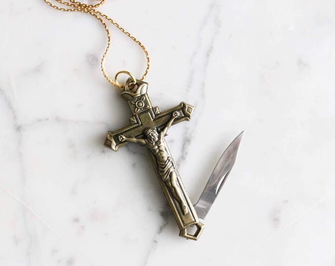 Crucifix Cross Pocket Knife Necklace Brass Religious Symbol Etsy