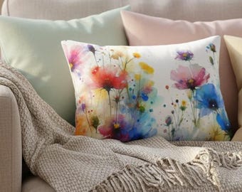 Coussin lombaire aquarelle fleurs sauvages vibrantes - décoration bohème, cadeau inspiré de la nature