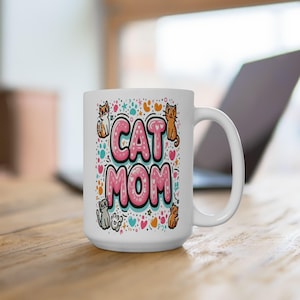 Cat Mom Mug 15oz, Colorful Cartoon Cat Lover Gift for Women, Cute Coffee Cup for Fur Mamas, Mothers Day Cat Mom Mug