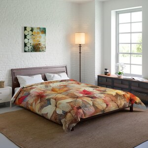 Autumn Leaves Comforter, Fall Bedding Watercolor Leaf Design, Rustic Woodland Quilt, Warm Earth Tone Bedspread, Cabin Style Decor, All Sizes