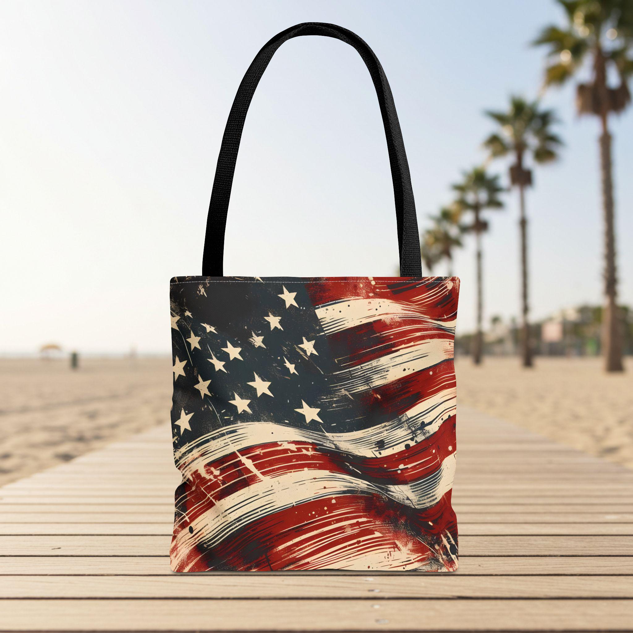ダメージ加工のアメリカ国旗トートバッグ：愛国的なUSAキャンバス