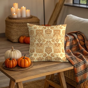 May include: A decorative pillow with a geometric pattern in shades of beige and brown rests on a wooden bench. Beside the pillow are pumpkins and candles, creating a cozy autumn scene. A plaid blanket adds warmth.