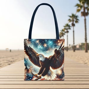 Bald Eagle Fireworks Tote Bag | Patriotic USA Flag Design | 4th of July Gift | American Pride Shoulder Bag | Reusable Shopping Tote