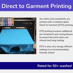 K&ouml;nnte beinhalten: Ein blaues T-Shirt wird auf einem Direct-to-Garment-Drucker (DTG) bedruckt. Der Drucker verf&uuml;gt &uuml;ber mehrere Tintenpatronen. Der Text auf dem Bild lautet "Direct to Garment Printing", "Unsere Shirts und Sweatshirts werden mit einer Methode namens Direct to Garment (DTG) Druck bedruckt.", "DTG-Druck beinhaltet zus&auml;tzliche Vorbehandlungs- und Aush&auml;rtungsphasen, um sicherzustellen, dass die Druckfarben lebendig und langlebig sind.", "DTG ist auch sehr energieeffizient - was es zu einer umweltfreundlichen Wahl macht!" und "Bewertung f&uuml;r 50+ W&auml;schen!"