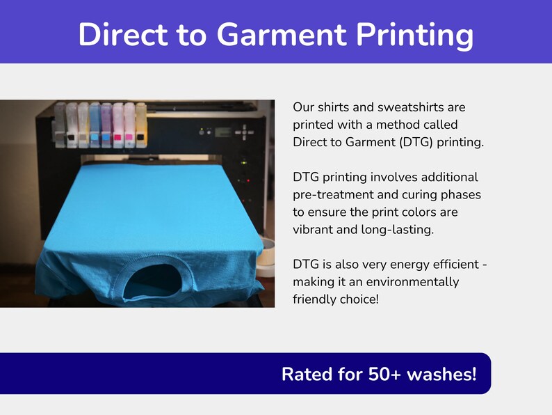 K&ouml;nnte beinhalten: Ein blaues T-Shirt wird auf einem Direct-to-Garment-Drucker (DTG) bedruckt. Der Drucker verf&uuml;gt &uuml;ber mehrere Tintenpatronen. Der Text auf dem Bild lautet "Direct to Garment Printing", "Unsere Shirts und Sweatshirts werden mit einer Methode namens Direct to Garment (DTG) Druck bedruckt.", "DTG-Druck beinhaltet zus&auml;tzliche Vorbehandlungs- und Aush&auml;rtungsphasen, um sicherzustellen, dass die Druckfarben lebendig und langlebig sind.", "DTG ist auch sehr energieeffizient - was es zu einer umweltfreundlichen Wahl macht!" und "Bewertung f&uuml;r 50+ W&auml;schen!"
