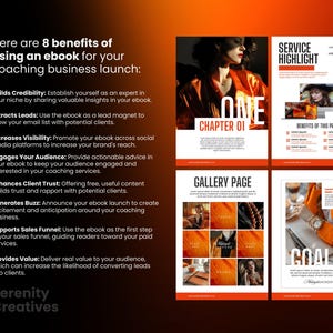 May include: A graphic design layout with an orange and white color scheme. The text "Here are 8 benefits of using an ebook for your coaching business launch" is at the top of the page. The text "SERVICE HIGHLIGHT" is in a red box. The text "ONE CHAPTER 01" is in a white box with a red border. The text "GALLERY PAGE" is in a white box with a red border. The text "GOALS" is in a white box with a red border. The text "BENEFITS OF THIS PROGRAM" is in a white box with a red border.