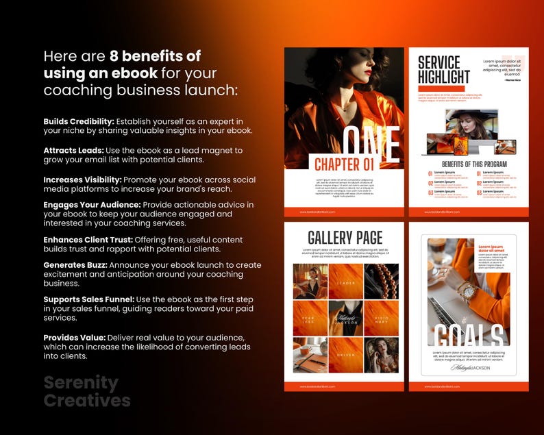 May include: A graphic design layout with an orange and white color scheme. The text "Here are 8 benefits of using an ebook for your coaching business launch" is at the top of the page. The text "SERVICE HIGHLIGHT" is in a red box. The text "ONE CHAPTER 01" is in a white box with a red border. The text "GALLERY PAGE" is in a white box with a red border. The text "GOALS" is in a white box with a red border. The text "BENEFITS OF THIS PROGRAM" is in a white box with a red border.