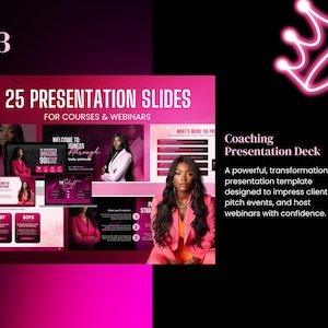 Puede incluir: Gr&aacute;fico promocional para una presentaci&oacute;n de coaching, con una mujer con una blazer rosa. El texto dice "25 diapositivas de presentaci&oacute;n para cursos y seminarios web". El dise&ntilde;o es predominantemente rosa y negro.