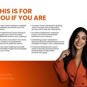May include: This is for you if you are a coach, consultant, or entrepreneur looking to build your business. The text highlights different types of coaches, including life, business, career, and marketing coaches. The image also features a smiling woman wearing a red blazer.
