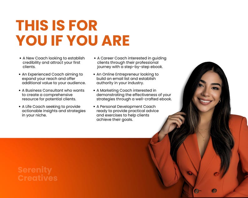 May include: This is for you if you are a coach, consultant, or entrepreneur looking to build your business. The text highlights different types of coaches, including life, business, career, and marketing coaches. The image also features a smiling woman wearing a red blazer.