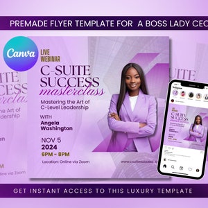 以下が含まれることがあります： 紫と白のチラシに「C-Suite Success masterclass」と「Mastering the Art of C-Level Leadership」の文字が書かれており、紫色のスーツを着た女性が写っています。チラシには「With Angela Washington」と「Nov 5, 2024 6PM-8PM」の文字も書かれています。