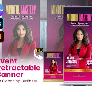 Könnte beinhalten: Ein rosa-weißes, einziehbares Banner mit dem Text "Mindful Mastery" und "Debüt innovativer Coaching-Techniken". Das Banner zeigt ein Foto einer Frau in einem roten Blazer und den Text "Sarah Johnson, Coach & Gründerin des Mindful Leadership Institute". Das Banner enthält auch das Datum "26. August 2024" und die Website-Adresse "www.mindfulmastery.com".