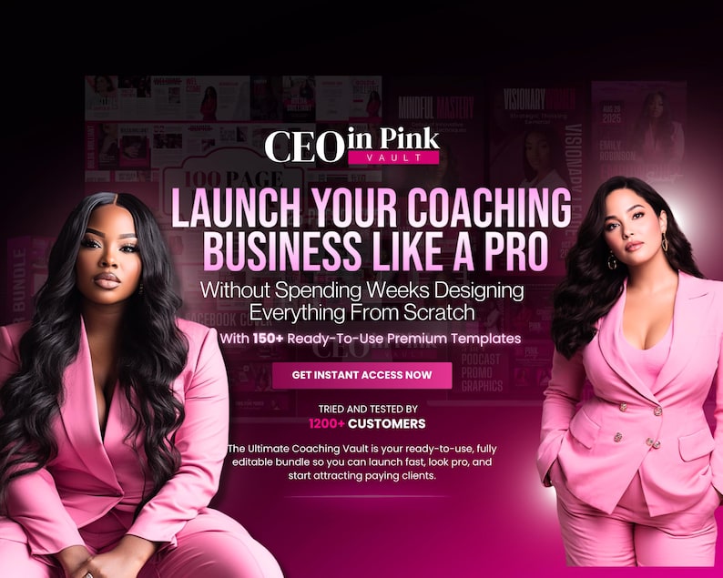 Puede incluir: Anuncio de "CEO in Pink Vault" con dos mujeres en trajes rosas. El texto promociona el lanzamiento de un negocio de coaching con plantillas listas para usar. El fondo es un degradado rosa y negro, con el texto "Launch Your Coaching Business Like a Pro".
