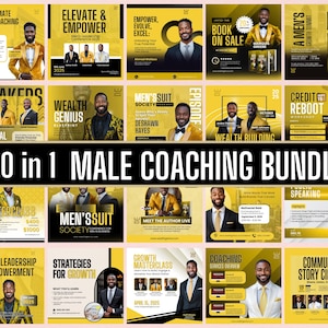 Könnte beinhalten: Eine Sammlung von 20 Werbegrafiken für ein männliches Coaching-Bundle, die Bilder von Männern in Anzügen und Texte wie "Wealth Genius" und "Men's Suit Society" zeigen. Die dominierenden Farben sind Gold und Schwarz, mit dem Titel: "20 in 1 MALE COACHING BUNDLE."