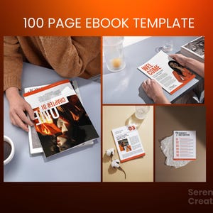 May include: A mockup of a 100-page ebook template with different page layouts. The pages feature a variety of text, images, and graphics. The template is designed to help users create professional-looking ebooks.