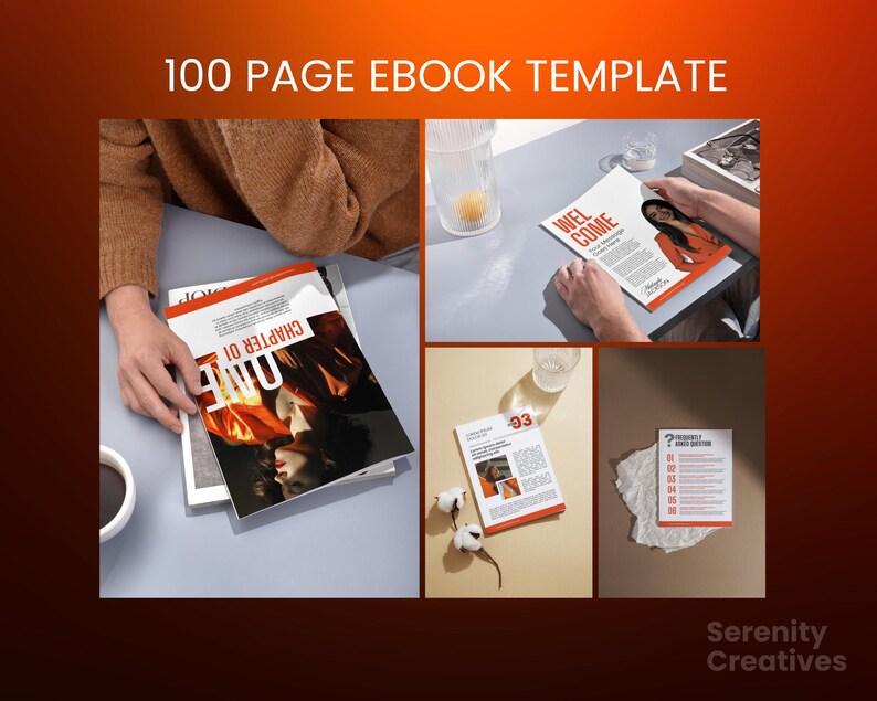 May include: A mockup of a 100-page ebook template with different page layouts. The pages feature a variety of text, images, and graphics. The template is designed to help users create professional-looking ebooks.