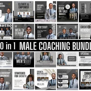 Könnte beinhalten: Werbebild für ein männliches Coaching-Bundle. Das Bild zeigt eine Sammlung von 20 Werbegrafiken mit Texten wie "Men's Coaching Program", "Wealth Genius" und "Credit Reboot". Die Grafiken sind in Grau- und Schwarztönen gehalten.