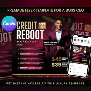 May include: A red and black flyer template for a credit reboot workshop. The flyer features a photo of a man in a burgundy suit and the text "Credit Reboot Workshop" in white letters. The flyer also includes the date "Sept 15" and the price "$49".