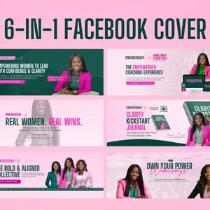 Könnte beinhalten: Eine rosa-grüne Grafik mit dem Text "6-IN-1 FACEBOOK COVER". Das Bild zeigt sechs verschiedene Facebook-Cover-Designs. Jedes Design enthält ein Foto einer Frau und Text zum Thema Empowerment und Coaching.