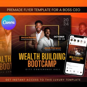 Könnte beinhalten: Eine Flyer-Vorlage für ein Bootcamp zum Aufbau von Vermögen. Der Flyer ist in Schwarz und Orange gehalten und zeigt den Text "Wealth Building Bootcamp" in großen weißen Buchstaben. Der Flyer enthält auch die Daten "Oktober 20-24" und den Ort "City Conference Hall".