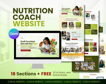 Diseño de sitio web para entrenadores de salud / Plantilla Canva editable / Guía de marca de bienestar incluida