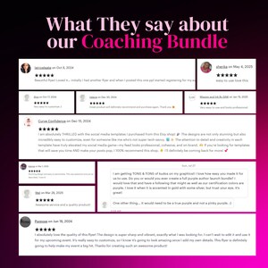 Puede incluir: Gr&aacute;fico con testimonios de clientes sobre un "Coaching Bundle". El t&iacute;tulo es en rosa y blanco. Las rese&ntilde;as incluyen valoraciones por estrellas y comentarios sobre la calidad, la facilidad de uso y el dise&ntilde;o.
